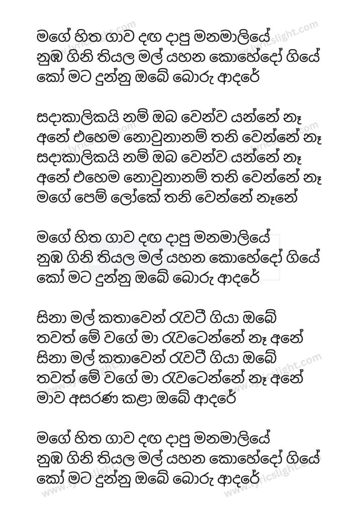 Mage Hitha Gaawa Song Lyrics in Sinhala